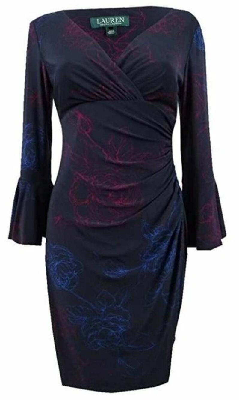 Lauren Ralph Lauren Dress Sz 12 Faux Wrap Navy Print Jersey Office Siren Event